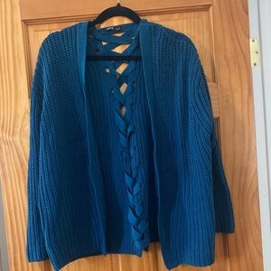 Lunik Teal Chunky Knit Cardigan Lace Up Back Drop Shoulder Sweater Size Small